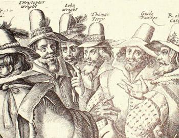 Drawing of the conspirators in the Gunpowder Plot